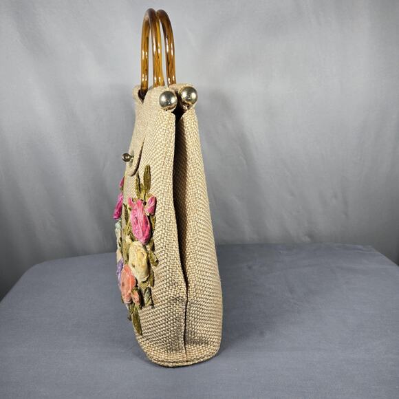 Vintage Handmade Tote Bag Velvet Flowers Woven Straw Look Purse Acrylic Handles - Picture 6 of 12